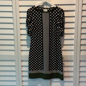 Donna Morgan Pre Owned Black and White Polka Dot Midi Dress with Ruched Sleeves.